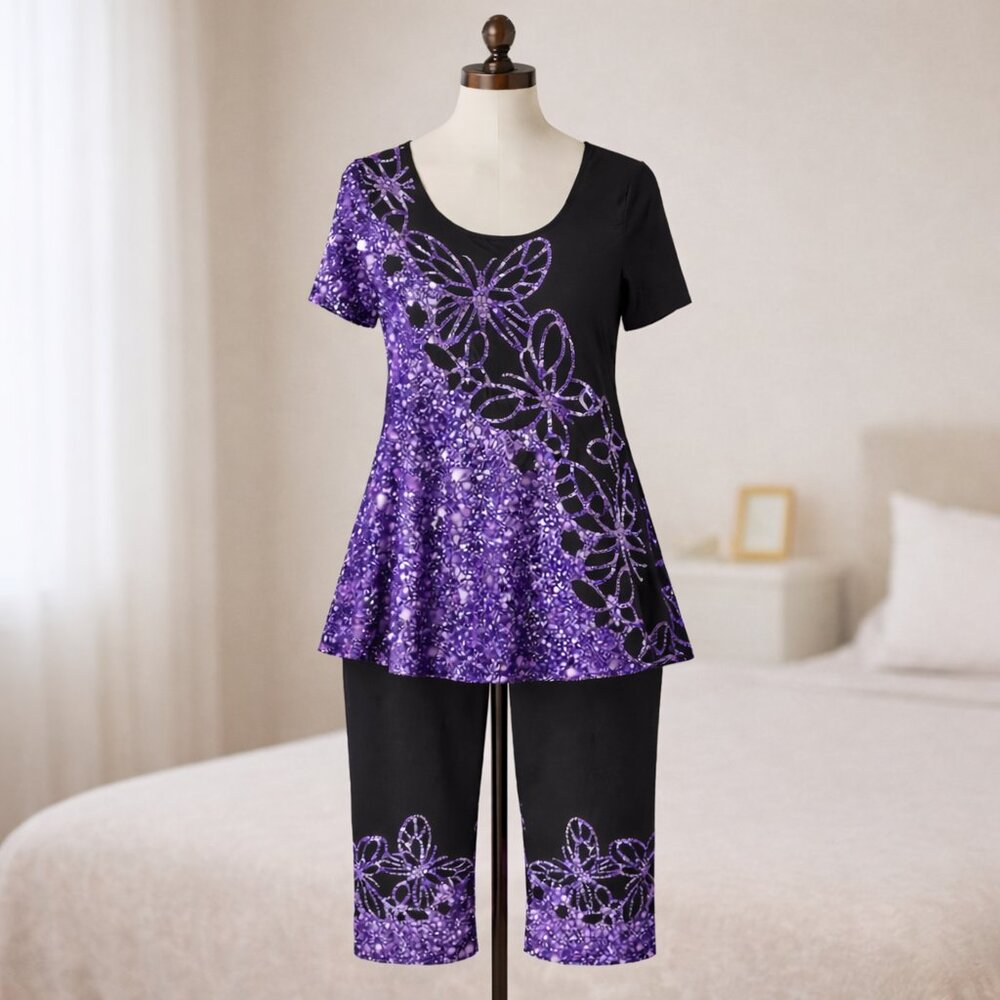 Black & Purple Butterfly 2 Piece Tunic Capri Set Size S